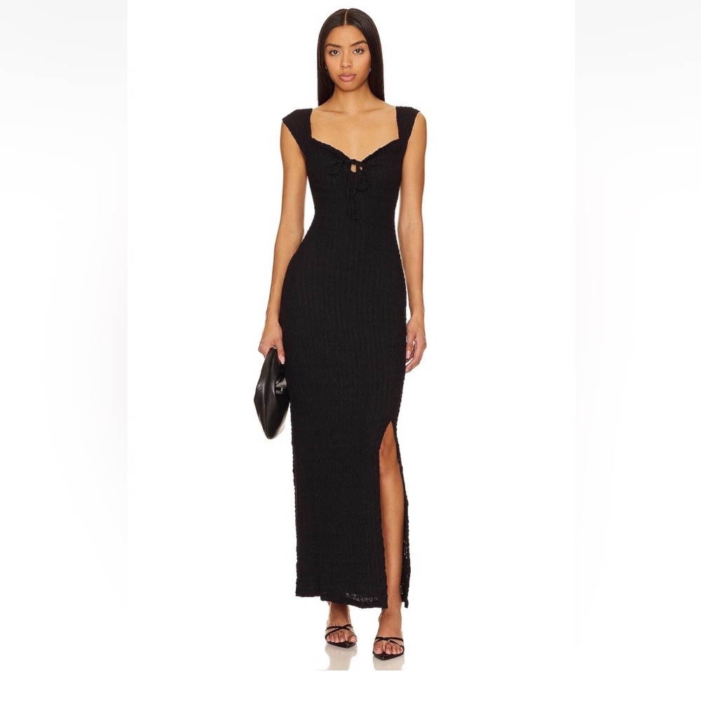Free People Eleni Bodycon Maxi Dress Size M Black Smocked Side Slit - Picture 8 of 14